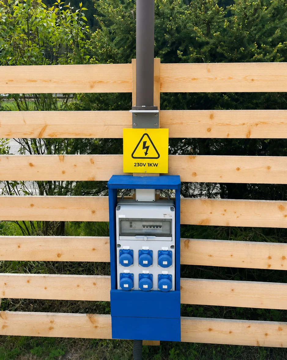 Power connection point for motorhomes and caravans at the camper park.